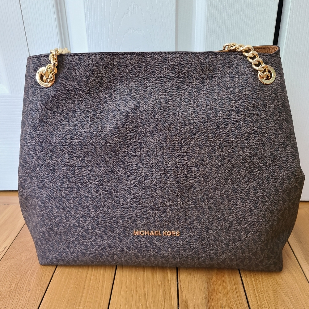 Michael Kors Chain Tote Bag – NWT Brown MK Logo Gold Hardware Shoulder Purse - Picture 11 of 12